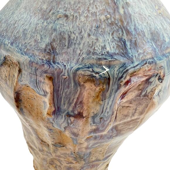 Studio Pottery 8" Vase Blue Tan Heavy Drip Chunky Texture Glossy Artist Signed - Picture 9 of 12